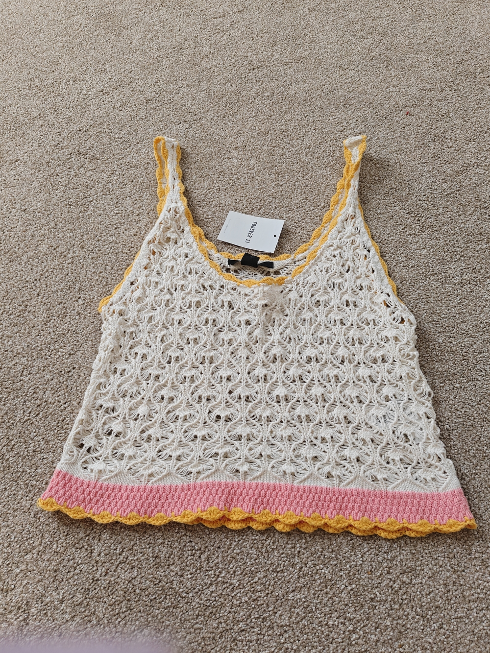 Forever 21 Cream Crochet Tank with Pink & Yellow Trim